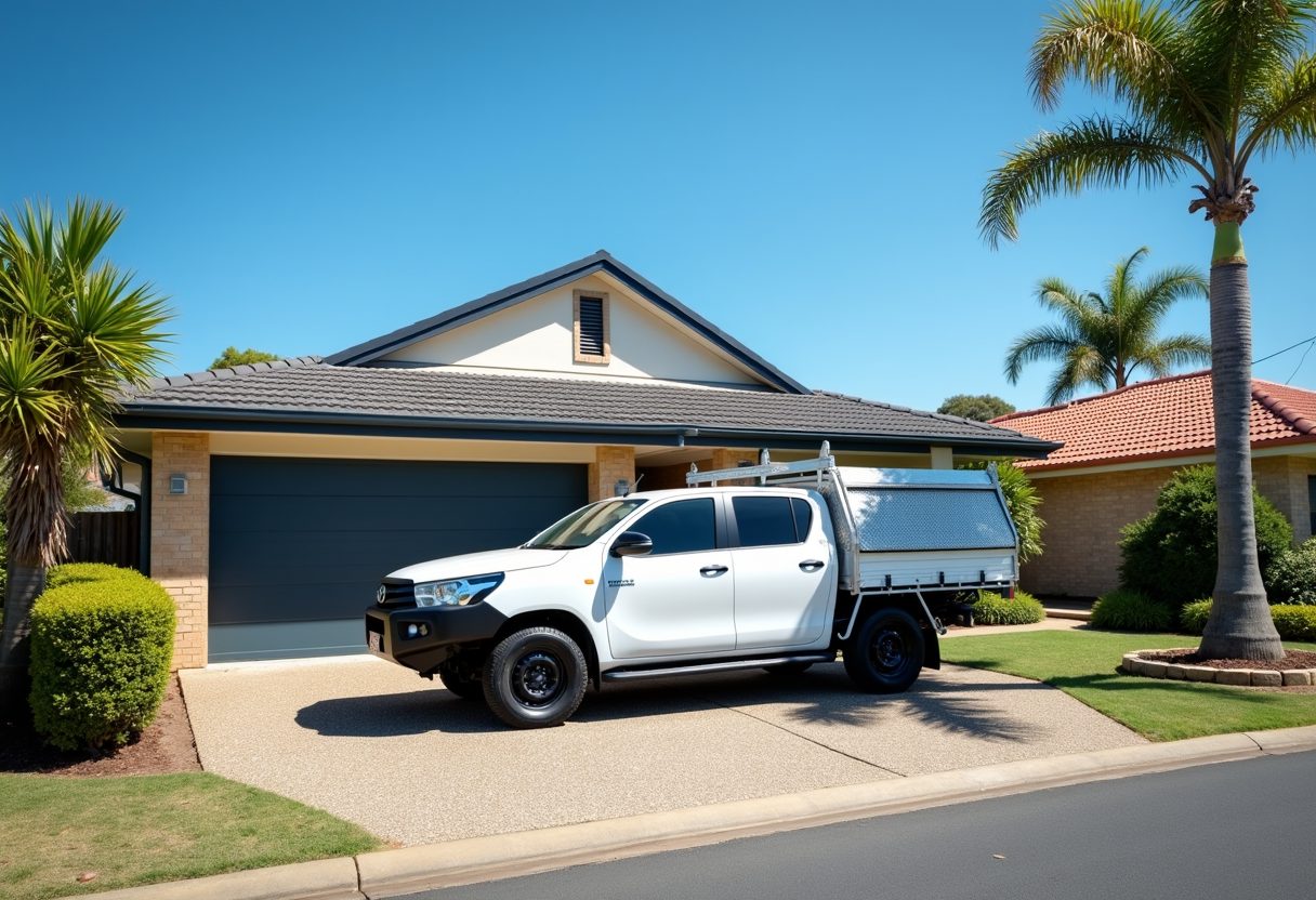 Technician ute in a driveway with a new garage door — Moorooka